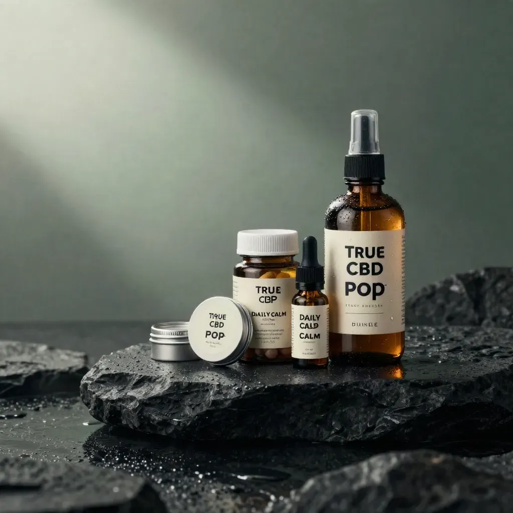 Amber CBD bundle of oil, gummies, capsules, balm and dropper on wet stone in cool mist.