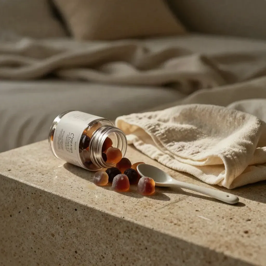 Unlabelled sleep gummies jar with spoon, berry chews and cream cloth on a warm stone ledge.