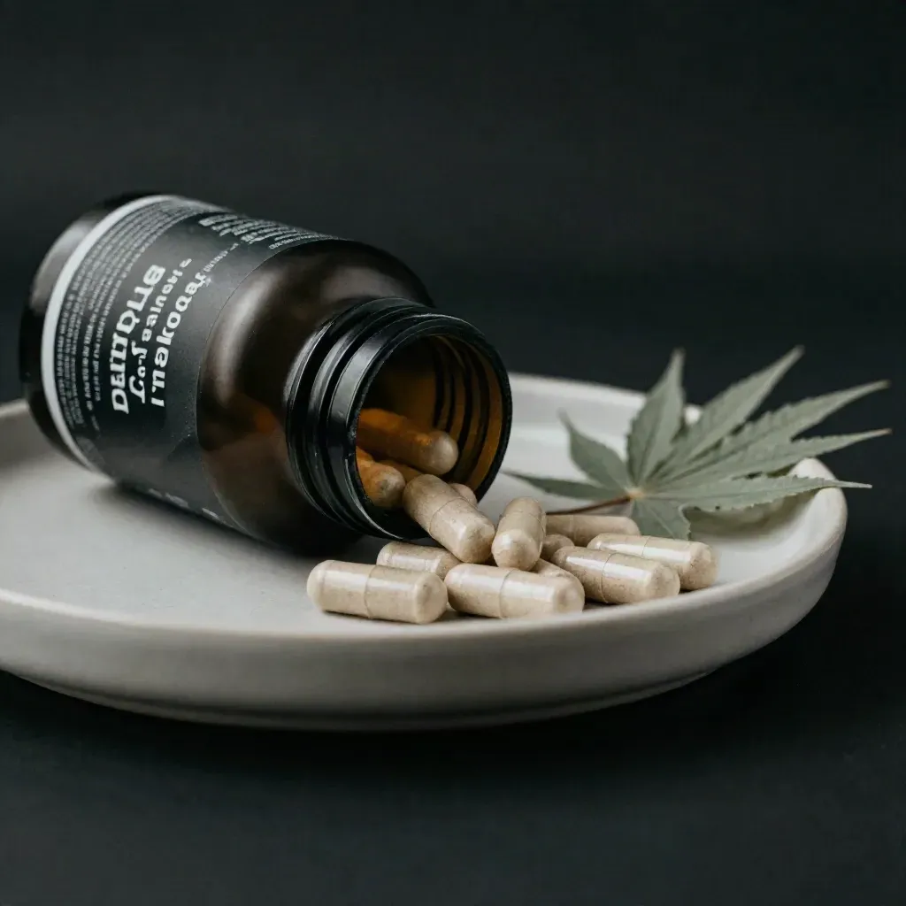 Matte CBD capsule bottle with scattered beige capsules on a ceramic tray in dramatic dark studio light
