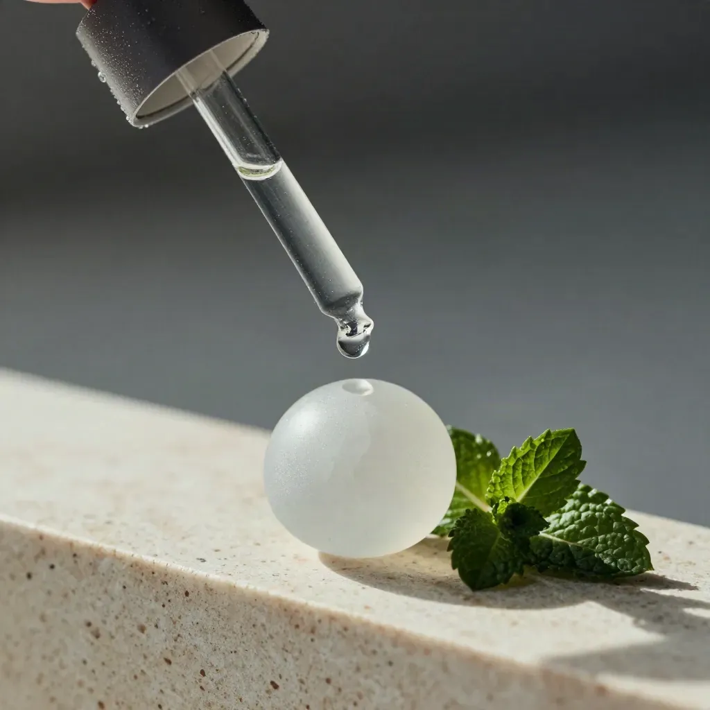 Peppermint tincture bottle with frosted pebble, mint leaf, and hovering droplet