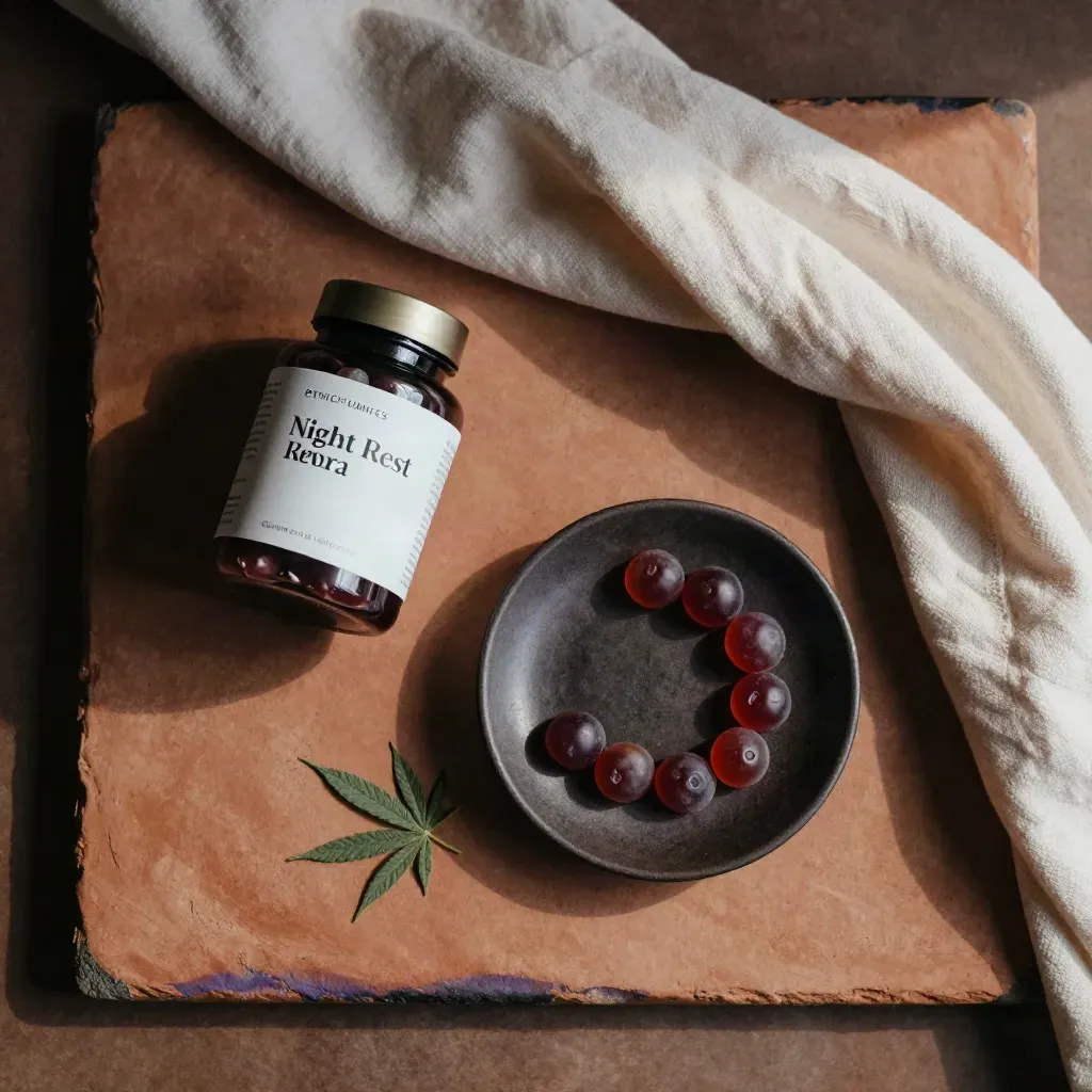 Overhead flatlay of a gummy jar, dish, cloth and hemp leaf on terracotta stone.