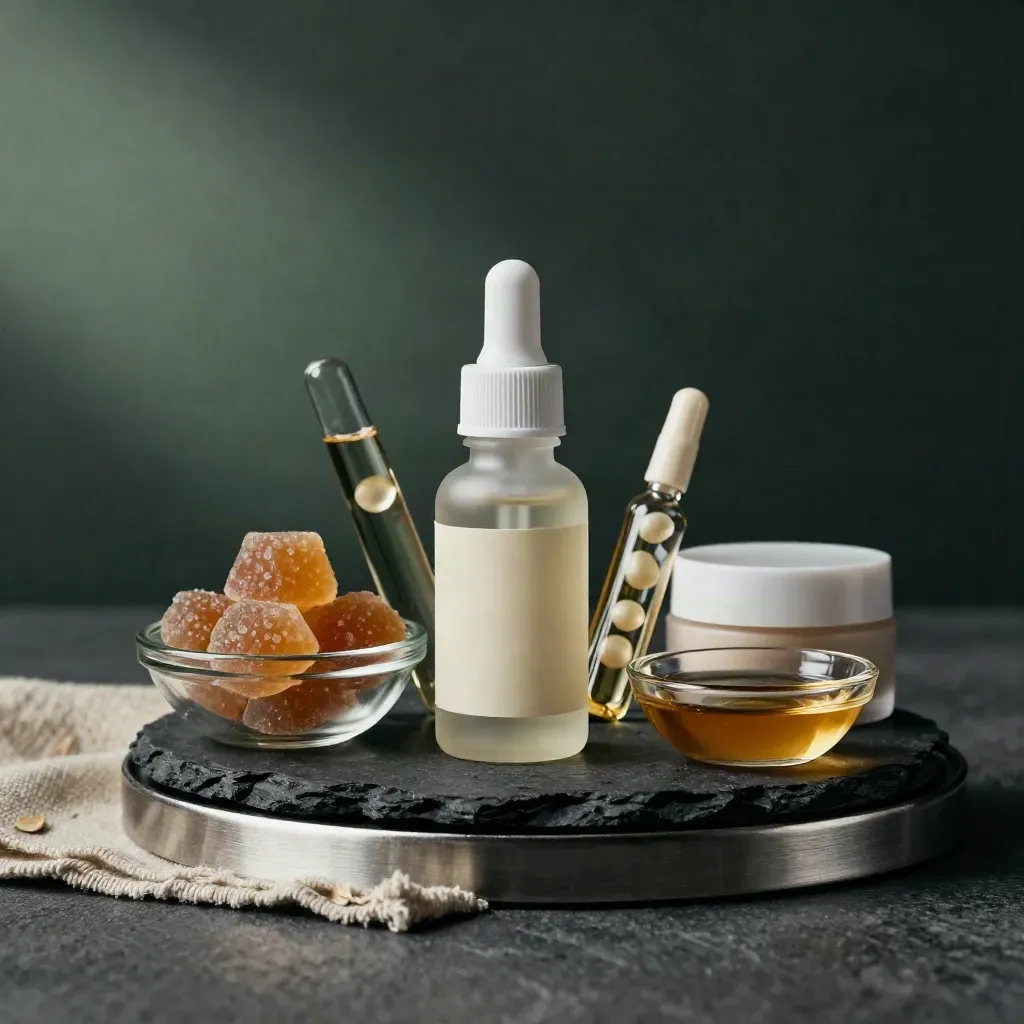 CBD oil, gummies, capsules, topical and softgels on a charcoal stone hero setup