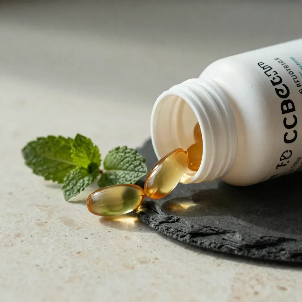 Pale bottle, two amber softgels and mint sprig on slate saucer over travertine