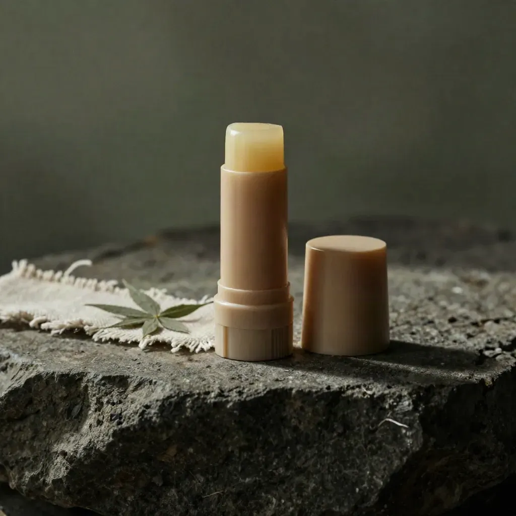 Macro balm stick with matte cap, linen strip, and rough stone under soft raking light.