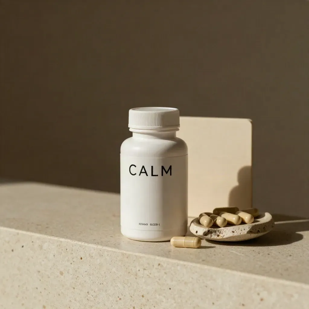 Unbranded calm capsule bottle with scattered capsules on a cream ceramic shard tray.