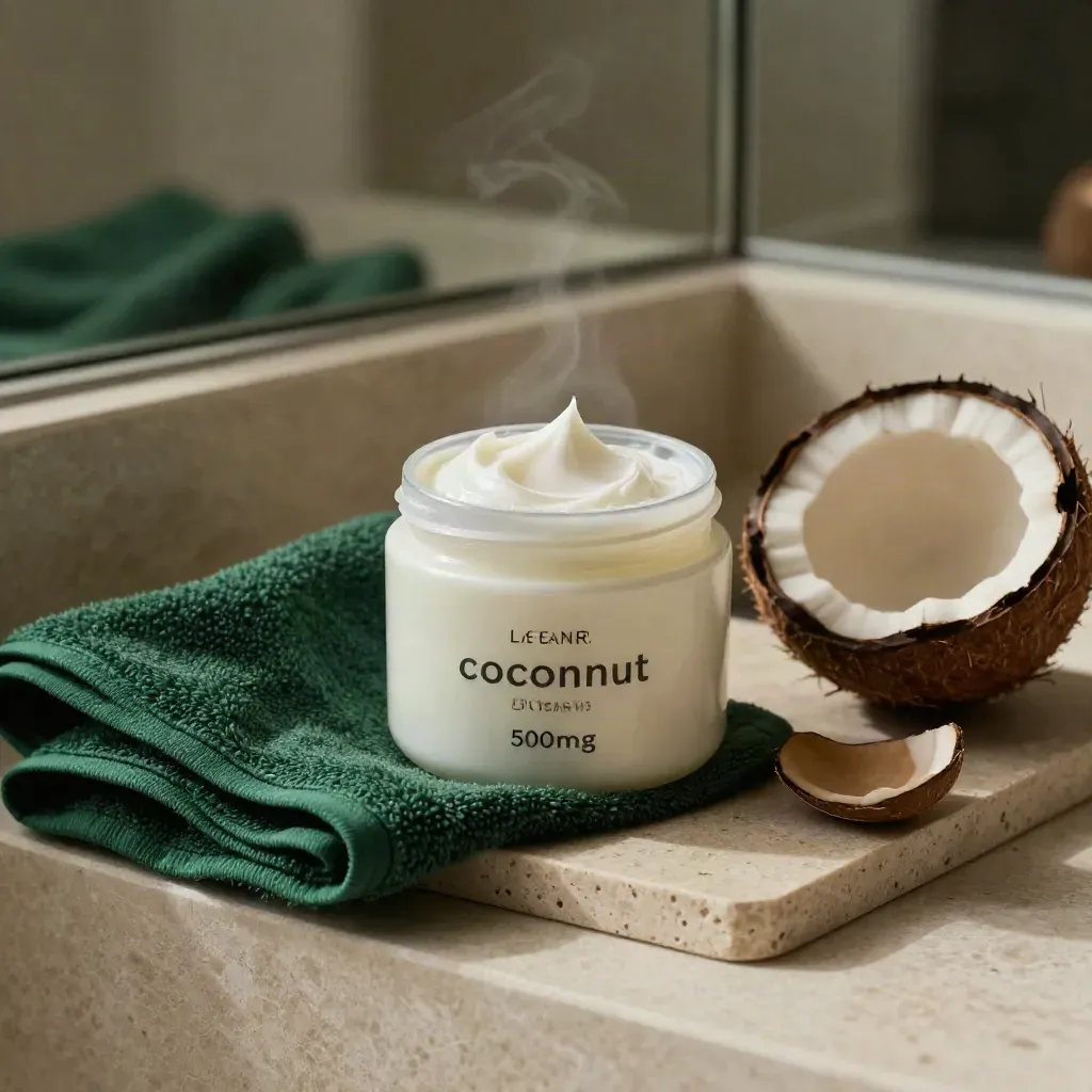 Open jar of coconut body cream beside folded terry cloth in a spa-like setting.
