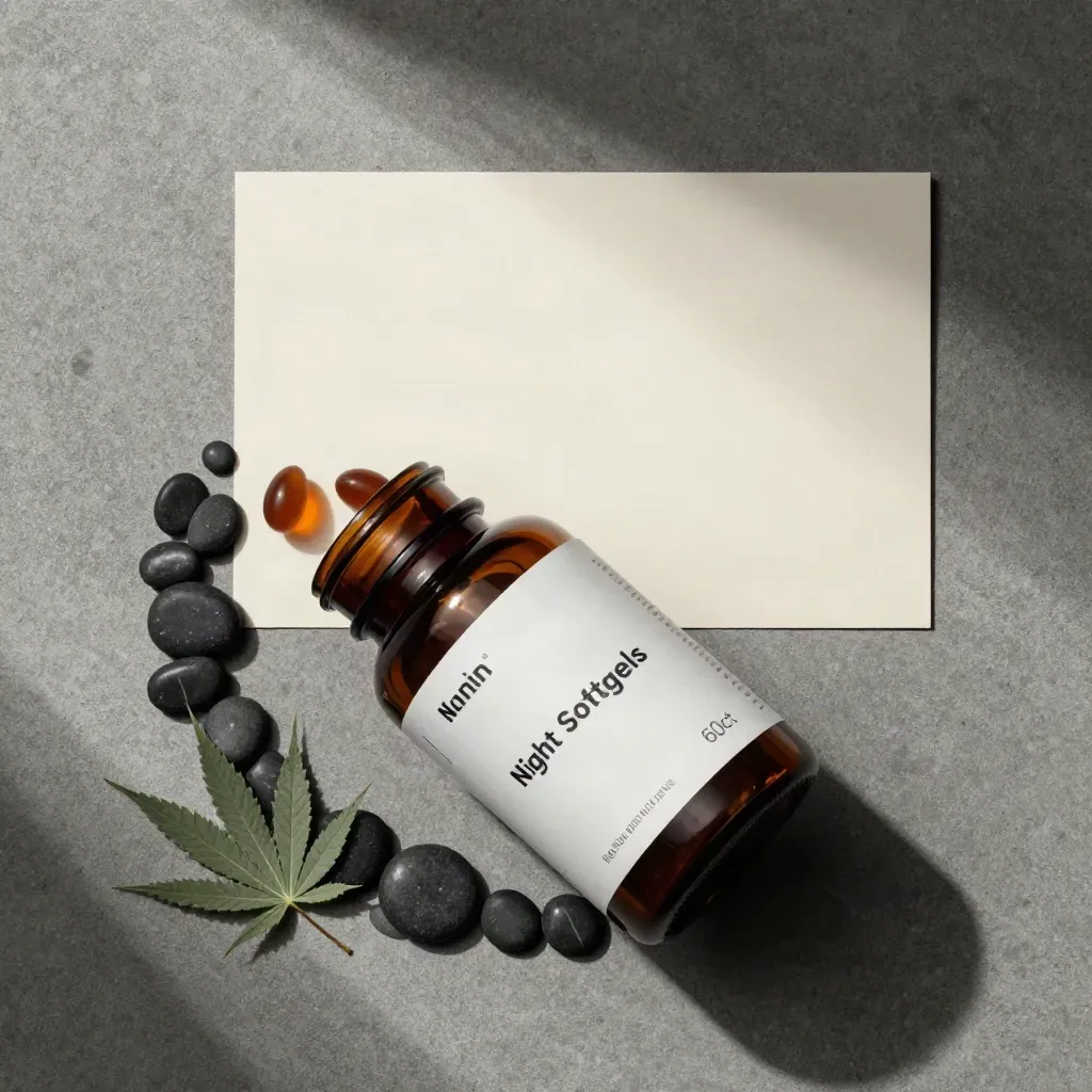 Open dark bottle of night softgels with two capsules and black stone pebbles on cool concrete.